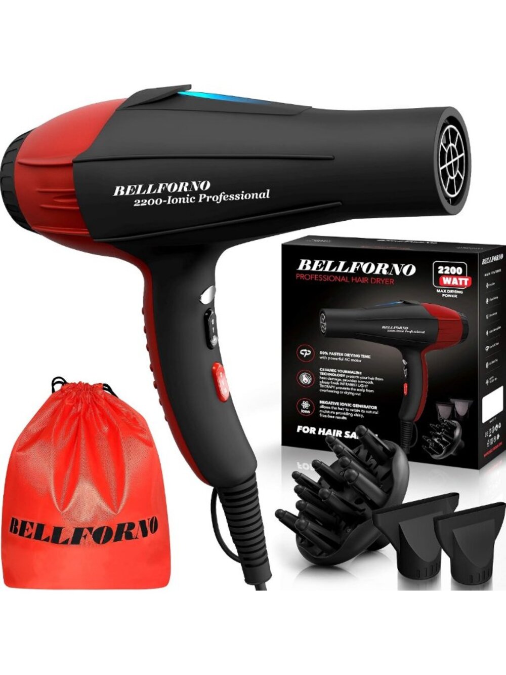 Ionic Curly Hair Dryer with Diffuser for Frizz-Free Curls, Black/Red